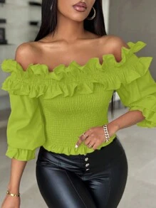 Chiquease Women's Solid Color Off Shoulder Ruffle Decor Crop Top - Green - View 4
