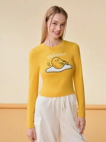 Gudetama X SHEIN 黃色緊身圓領長袖T恤，印有字母圖案，休閒風格 - 黃色 - 查看 3