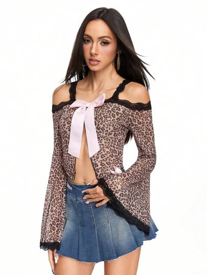 J-Fashion Femenino top de tirantes de malla con estampado de leopardo y encaje de bloque de color, con ribete de volantes y adornos de lazo, frente semi-hundido, mangas acampanadas