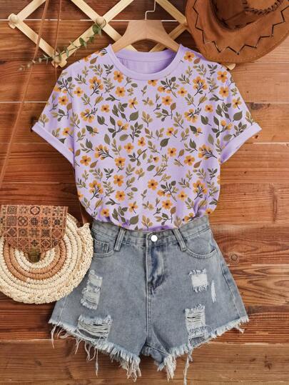 SHEIN LUNE Women Floral Print Short Sleeve T-Shirt
