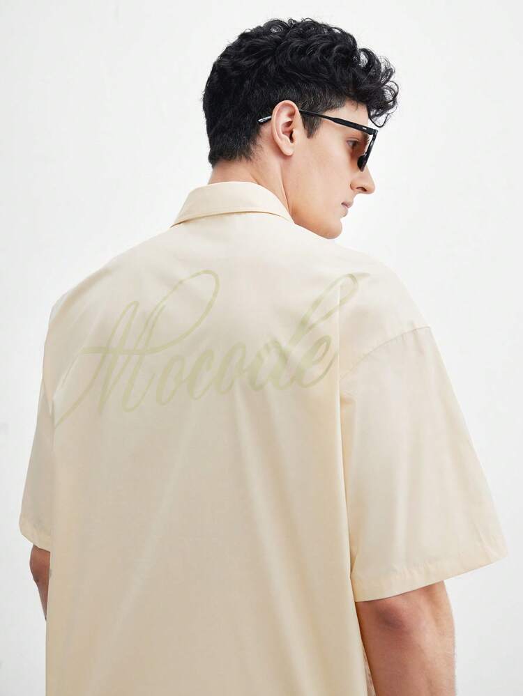 Men's Loose-Fitting Short Sleeve Woven Casual Shirt With Letter Print, Suitable For Daily Wear, Summer