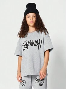 SUMWON Tricou pentru copii unisex cu imprimeu și set scurt 2 piese - Gri deschis - Vizualizare 3