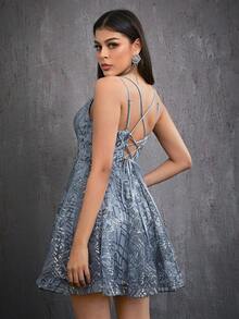 Mgiacy Sparkly Embroidered Camisole With Back Ties, Sexy Backless Short Party Dress