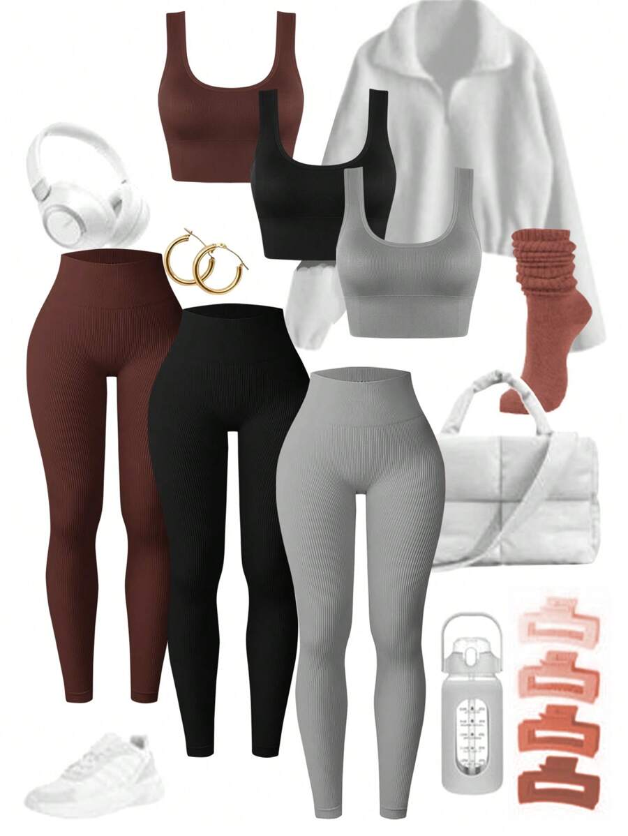 Easithlete 女士纯色宽肩带上衣和无缝高腰及裤子运动套装，健身服健身女士套装 - 彩色 - 查看 1