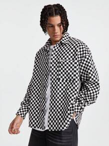 Manfinity VCAY Men's Loose Long Sleeve Plaid Shacket, Black And White Color Block Preppy Plaid Shacket