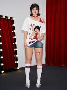 Betty Boop | ROMWE Cartoon Character And Lips Print Lace Splicing Asymmetrical Shoulder T-Shirt, Summer
