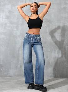 SHEIN EZwear Straight Leg Denim Jeans With Pockets And Cross Straps
