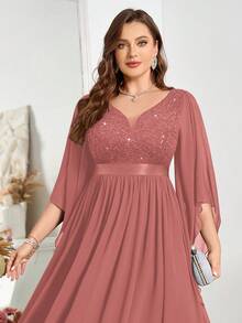 Vestido de fiesta largo con cuello en V profundo, mangas de mariposa, encaje con lentejuelas y gasa, para ocasiones especiales - Rosa vieja - Ver 7