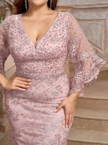 Aureia 大码莲花粉色串珠水钻蕾丝美人鱼礼服，优雅晚礼服，适合鸡尾酒会、舞会、婚礼宾客、毕业典礼、晚宴、情人节等场合。 - 藕粉色 - 查看 5