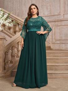 SHEIN Belle Plus Size Dark Green Beaded Sequin Ruffled Sleeve Chiffon Dress, Elegant & Graceful For Formal Occasions - Dark Green - View 5