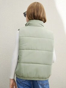 Tween Girls' Simple And Casual Loose Green Stand Collar Sleeveless Jacket Padded Coat For Fall/Winter - Green - View 2