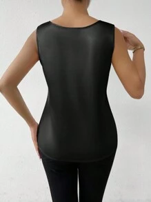 EMERY ROSE 女士无袖钱布雷拼布蕾丝衬衫、无袖上衣 - 黑色 - 查看 2