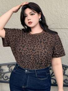 Dazy Plus Áo thun tay ngắn cổ tròn in họa tiết da báo cỡ lớn mùa hè - màu nâu - Xem 5