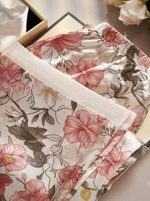 LuxeNights Color Block Floral Printed Imitated Silk Three-Piece Pajama Set With Cardigan - Multicolor - View 3