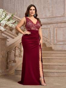 SHEIN Belle 加大码勃艮第红色优雅礼服，性感蕾丝拼接，高侧开衩，适合舞会或晚会、婚礼宾客礼服、长袍 - 酒紅色 - 查看 4