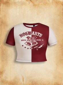 HARRY POTTER X SHEIN Camiseta de talla grande casual clásica con bloque de color y diseño de Hogwarts, adecuada para uso diario