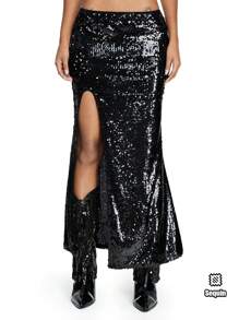 ROMWE Avant 閃亮高分裂時尚女士長裙，狂歡音樂節 - 黑色 - 查看 7