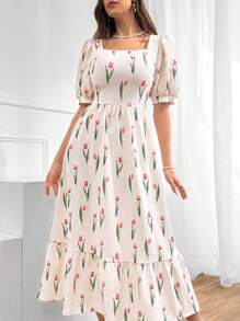 Modelyn Floral Print Square Neck Puff Sleeve Ruffle Hem Dress, Perfect For Beach/Casual/Vacation/Evening Or Any Other Formal Occasions
