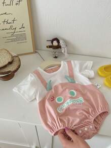 Baby Girl Short Sleeve Cute Monster Printed Bodysuit For Summer - Pink - View 1