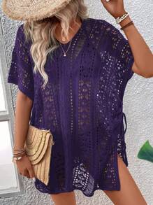 SHEIN Swim Hollow Out Split Thigh Cover Up Dress Without Bikini Summer - Purple - View 4