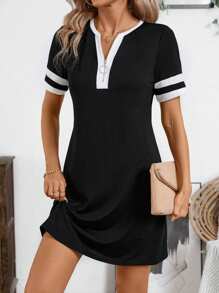 EMERY ROSE Summer Short Casual Short Sleeve Patchwork Dress - Black and White - View 5
