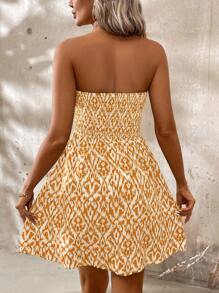 SHEIN LUNE Women's Summer Holiday Casual Geometric Print Strapless Shirred Dress - Yellow - View 2