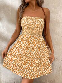 SHEIN LUNE Women's Summer Holiday Casual Geometric Print Strapless Shirred Dress - Yellow - View 5