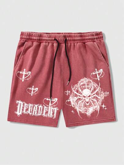 Street Life Men's Skull Letter Printed Drawstring Waist Washed Shorts