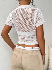 SHEIN Unity Lace Up Front Crop Pointelle Knit Top - White - View 2