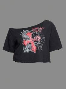 ROMWE J-Fashion Plus Skull & Letter Graphic Asymmetrical Neck Tee - Black - View 7