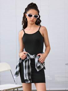 SHEIN Conjunto de dos piezas para niña adolescente con blusa de cuello impreso y tejido a cuadros, y vestido tipo camiseta