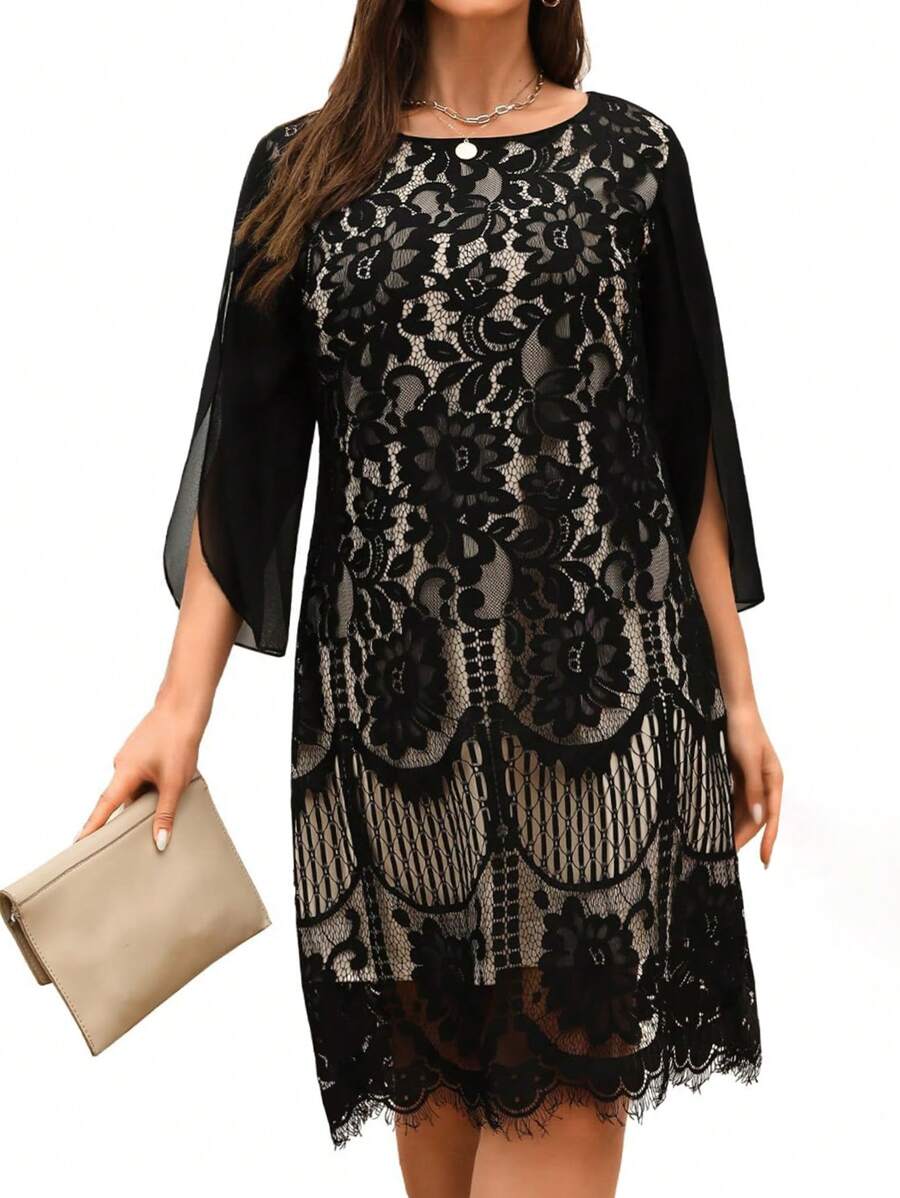 EMERY ROSE 加大开叉袖花朵蕾丝束腰连衣裙婚礼当天婚礼宾客 - 黑色 - 查看 1