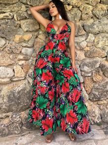 SHEIN SXY 熱帶印花闊腳連身褲，夏日假期必備 - 彩色 - 查看 1