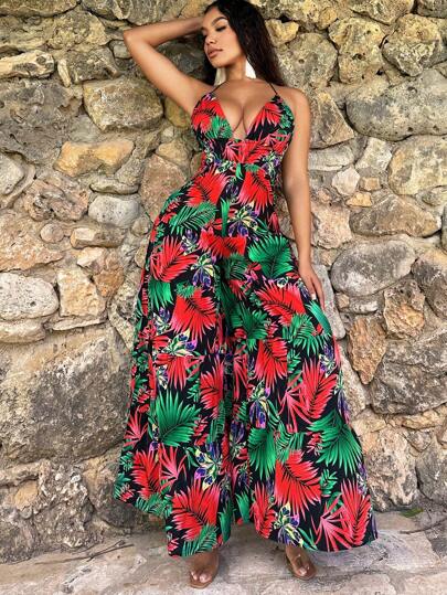 SHEIN SXY Mono de pierna ancha con estampado tropical para vacaciones de verano