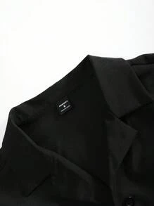 Manfinity Homme 男士純色鈕扣襯衫和短褲，適用於夏季 - 黑色 - 查看 5