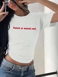 SHEIN EZwear Women's Summer Football European Championship 'Have A Word Ref' Printed Round Neck T-Shirt Have A Word Ref - White - View 3
