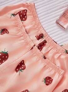 3pcs Women's Contrast Trimmed Imitation Silk Strawberry Printed Pajama Set - Coral Orange - View 3