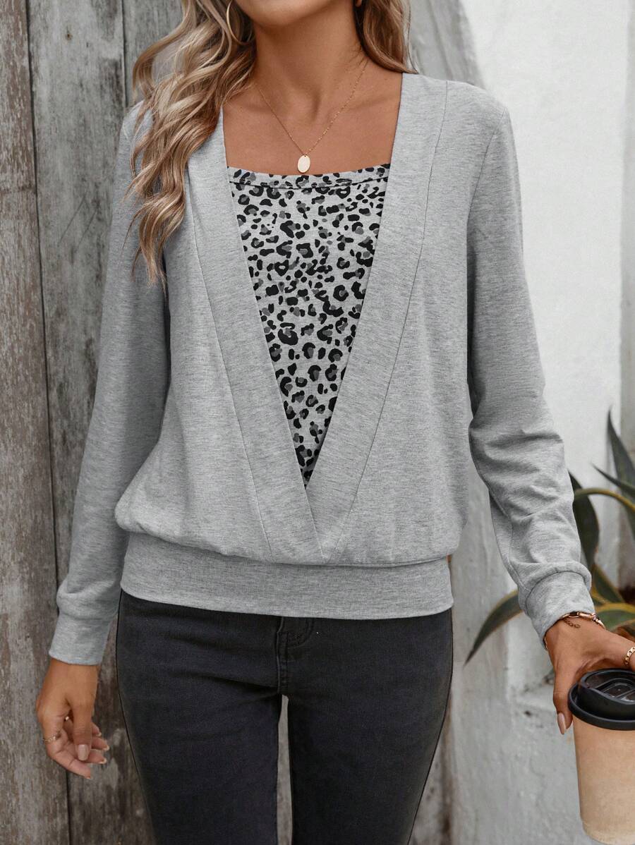 EMERY ROSE Summer To Fall Knitted Patchwork Leopard Print Square Neck T-Shirt,Romantic French Style Elegance - Multicolor - View 1