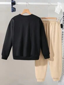 Set de 2 piezas de sudadera con estampado de letra y pantalón de chándal informal deportivo para niño preadolescente