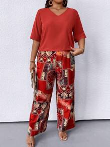 Conjunto de 2 piezas de pantalones anchos de pierna ancha con estampado floral y blusa de manga corta con cuello en V de unicolor para mujer de talla grande para ropa de Año Nuevo - Rojo - Ver 5