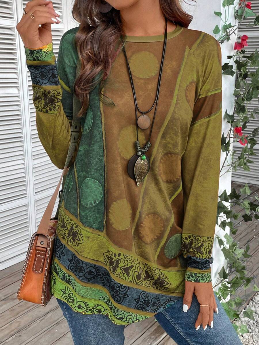 EMERY ROSE Women's Round Neck Printed Loose Comfortable & Soft Stylish Long Sleeve T-Shirt - Multicolor - View 1