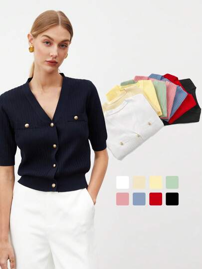 BizChic Women's Single-Breasted Short Sleeve Knit Top, Urban Commute Business Casual Basic Blouse, Elegant Outfit For Women