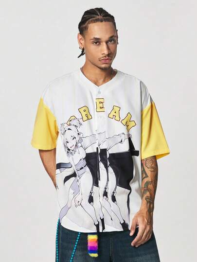 Anime قميص كاجوال صيفي للرجال بتصميم كتل ألوان متباينة وطباعة شخصيات كرتونية