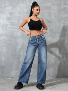 SHEIN EZwear Straight Leg Denim Jeans With Pockets And Cross Straps