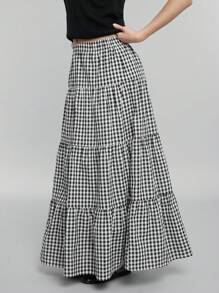 Easelle Plaid Print High Waist Ruffle Hem Skirt