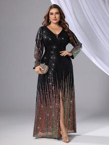 Vestido de fiesta de noche formal y elegante para eventos de talla grande, con manga larga, para graduación, cena o boda - Multicolor - Ver 3