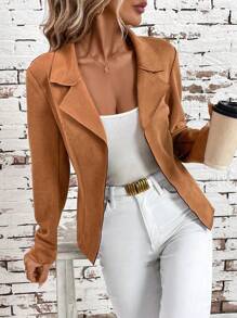 SHEIN Clasi 女士優雅的襯衫領束腰麂皮夾克 - 棕色 - 查看 6