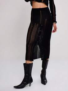 MUSERA Falda midi de punto calado, elegante para fiesta de noche - Negro - Ver 1