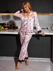 LuxeNights 拼色蕾丝波尔卡圆点花卉印花缎领女士睡衣套装，秋季服装 - 淺粉色 - 查看 6