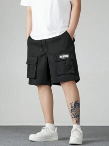 Men's Letter Printed Drawstring Waist Casual Cargo Shorts - Black - View 1
